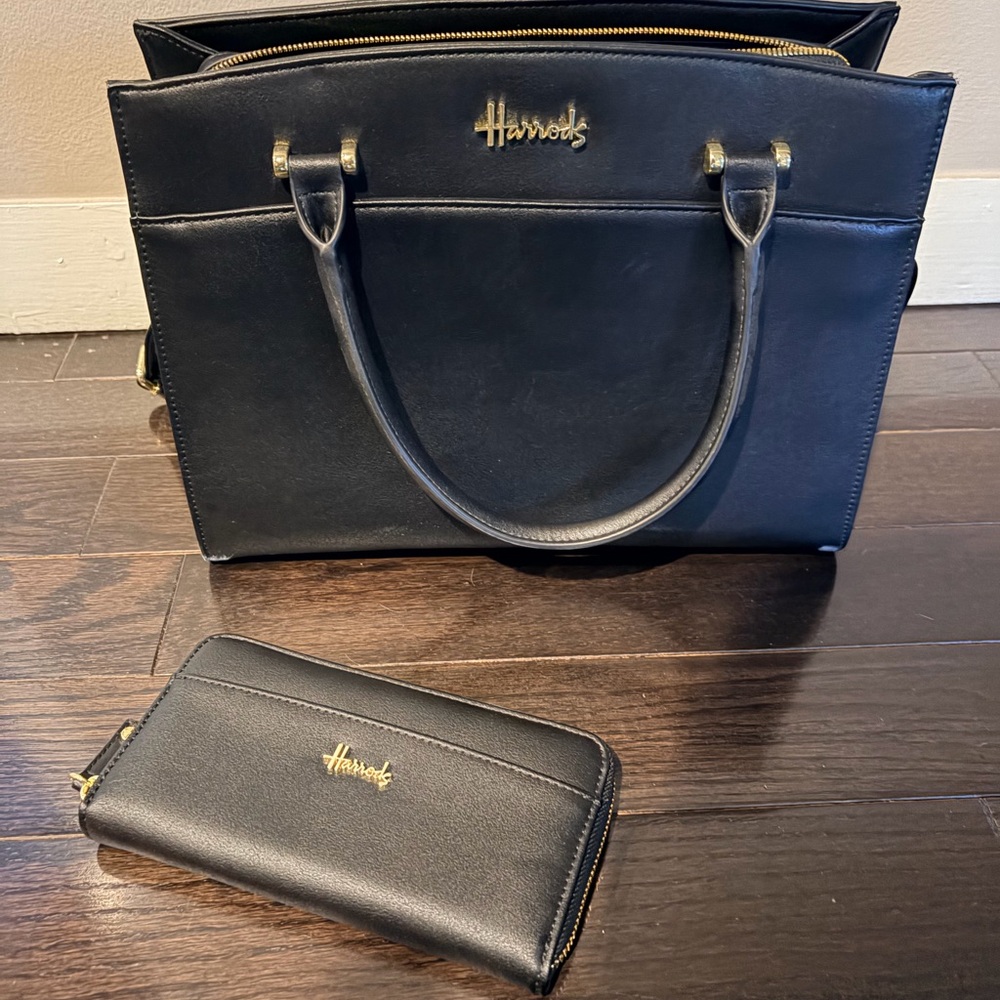 Harrods Black Leather Tote with Gold Hardware and Matching Wallet